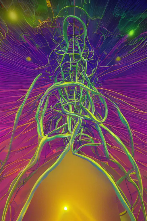 Image similar to an incredible digital art painting of a synapse, beeple and jean giraud, conceptual, abstract, symmetrical geometrical shapes, cinema 4 d, octane render, vaporwave pallette