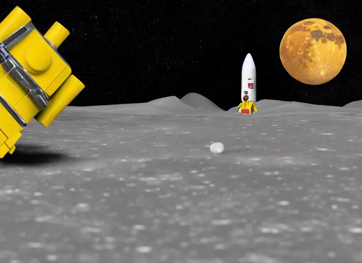 Prompt: a Lego rocket landing on the Moon