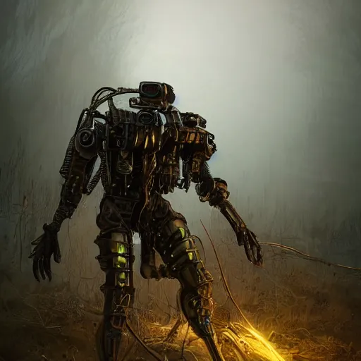 Image similar to Hunter in combat dieselpunk giant walker exoskeleton with chrome details walks between the mystical foggy roots. Style as if Dan Mumford and Tsutomu Nihei make game in Unreal Engine, photorealism, colorful, finalRender iridescent fantasy concept art 8k resolution concept art ink drawing volumetric lighting bioluminescence, plasma, neon, brimming with energy, electricity, power, Colorful Sci-Fi Steampunk Biological Living, cel-shaded, depth, particles, lots of reflective surfaces, subsurface scattering