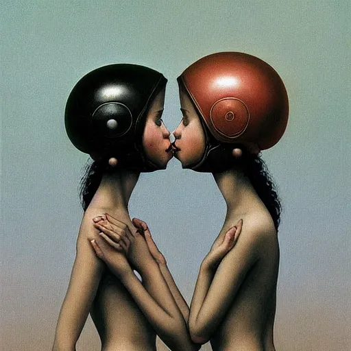 Image similar to portrait of an two girls kissing each other wearing astro helmet with tight black latex dress tight suit, Edward Hopper and James Gilleard, Zdzislaw Beksinski, Mark Ryden, Wolfgang Lettl highly detailed