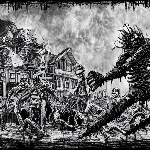 Image similar to zombie attack on the village in the style of kentaro miura, 4 k, 8 k, trending on artstation, artstationhd, artstationhq, detailed drawing of even the most insignificant details