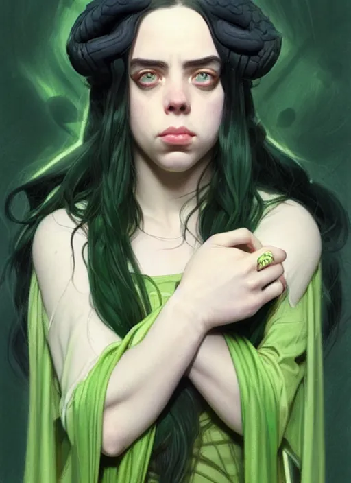 Image similar to Billie Eilish as Female Loki, very detailed, digital art, trending on artstation, concept art, smooth, illustration, art by artgerm and greg rutkowski and alphonse mucha and Edmund Blair Leighton and Katsuhiro Otomo and Geof Darrow and Phil hale and Ashley wood