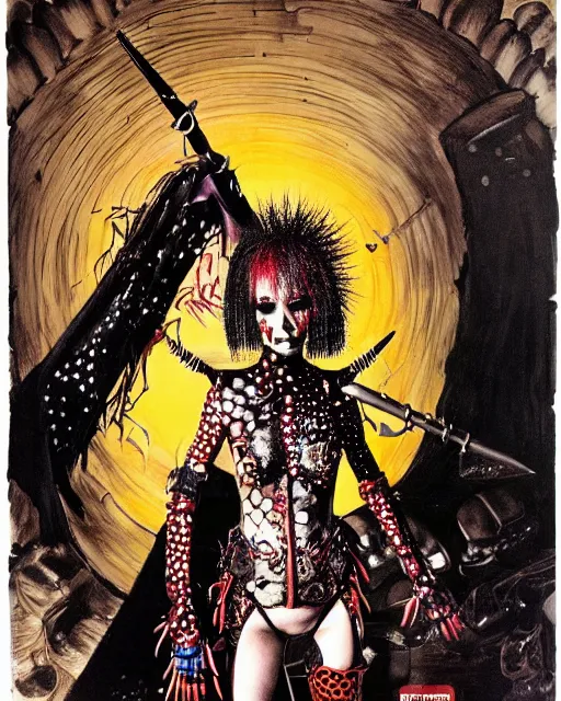 Image similar to portrait of a skinny punk goth yayoi kusama wearing armor by simon bisley, john blance, frank frazetta, fantasy, thief warrior