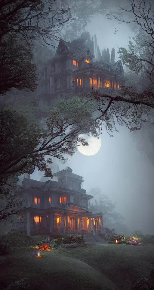 Image similar to A haunted Mansion on the edge of a cliff at night during the Lunar Eclipse, evil, demonic, enchanting, misty, haze, clouds, angelic, flowers, nature, symmetry, environment concept, cinematic, Rendered in Octane, trending on artstation, cgsociety, moody lighting rendered by octane engine, environment 8K artstation, cinematic lighting, intricate details, 8k detail post processing, hyperealistic, octane render, photo realism, visually inspired by Stephen King