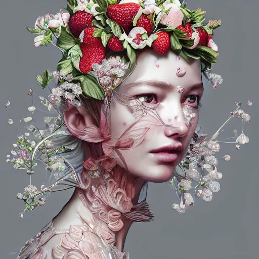 Image similar to the portrait of an absurdly beautiful, graceful, elegant, sophisticated, fashionable young woman made of strawberries and white petals crying, an ultrafine hyperdetailed illustration by kim jung gi, irakli nadar, intricate linework, bright colors, octopath traveler, final fantasy, unreal engine 5 highly rendered, global illumination, radiant light, detailed and intricate environment