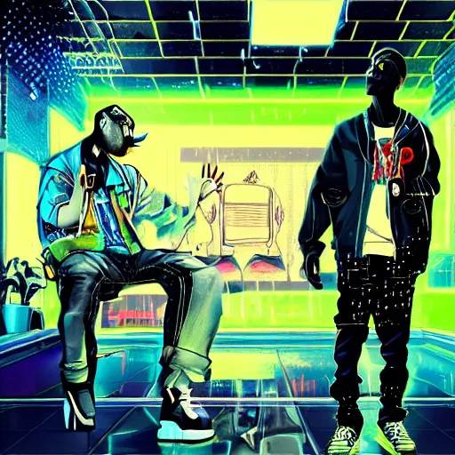 Image similar to ! dream stylish cartoon portrait of two hip hop artists in a club with designer clothes, throwing rubber bands in the air instead of money, made out of rain, cyberpunk background, rendered in octane, unreal engine, highly detailed, trending on artstation, realistic, splashes of neon, beautiful, depth of field, glowing eyes