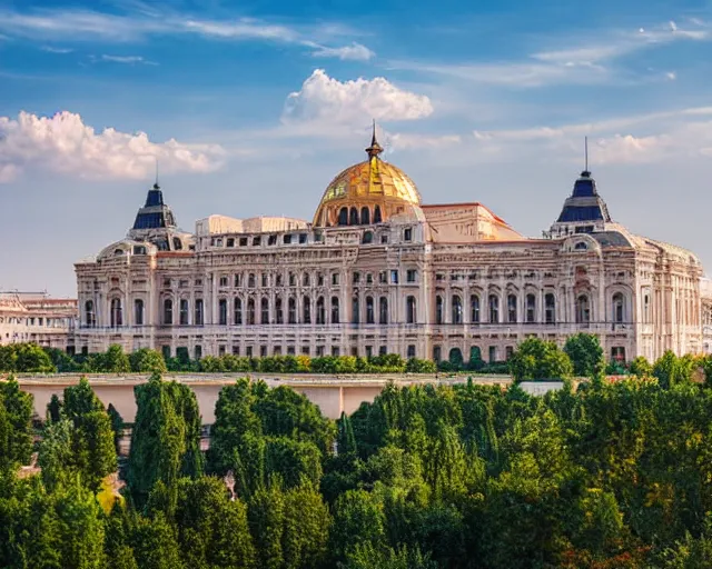 Image similar to 4 k hd, high resolution photograph of bucharest palace of parliament, full colour, shot with sigma f / 4. 2, 2 5 0 mm sharp lens, wide shot, high level texture render