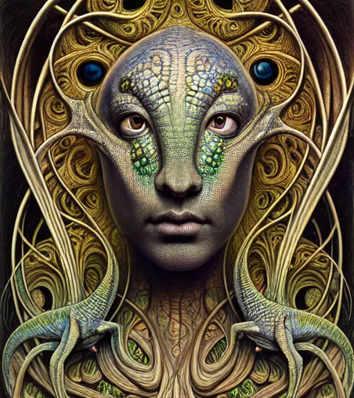 Image similar to detailed realistic beautiful chameleon goddess face portrait by jean delville, gustave dore, iris van herpen and marco mazzoni, art forms of nature by ernst haeckel, art nouveau, symbolist, visionary, gothic, neo - gothic, pre - raphaelite, fractal lace, intricate alien botanicals, biodiversity, surreality, hyperdetailed ultrasharp octane render