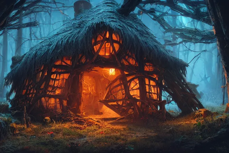 Prompt: witch hut, hyper realistic, ambient lighting, concept art, intricate, hyper detailed, smooth, dynamic volumetric lighting, octane, raytrace, cinematic, high quality, high resolution, 4 k, syd mead