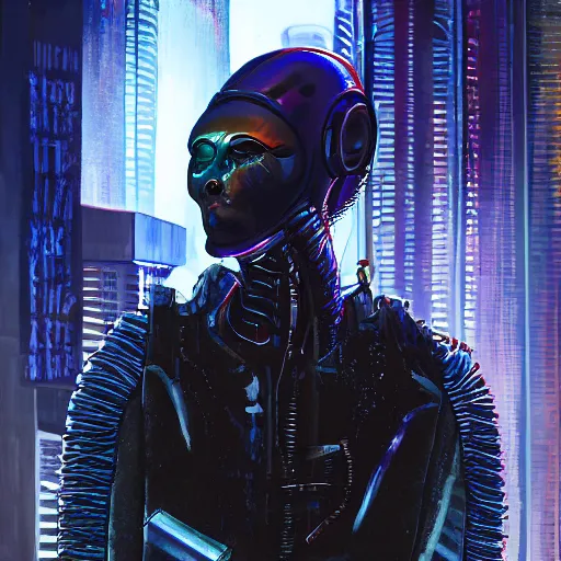 Prompt: focused portrait painting of a punk rock alien wearing a futuristic space suit, cyberpunk city in background, mood lighting, in the style of HRGiger, 8K