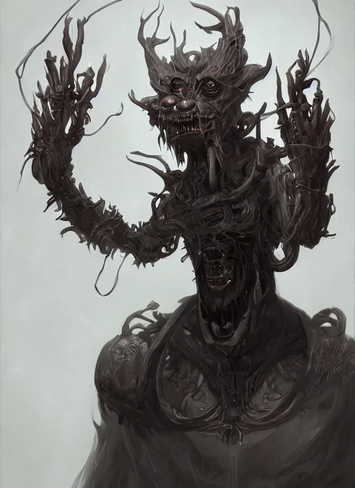 Image similar to concept art of a hybrid between a creepy humanoid creature and a dark matter god, ornate, detailed, symmetrical features, peter mohrbacher, digital art, trending on artstation, unreal engine 5, octane render, hd, behance, mysterious, dark, hyper - realistic, concept illustration