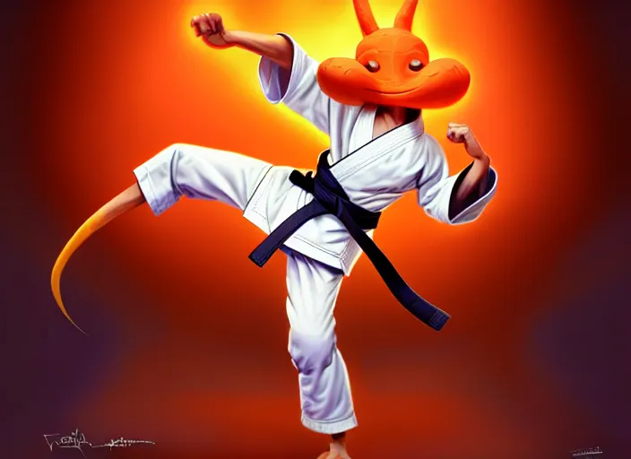 Image similar to a anthropomorphic carrot wearing karate gi, diffuse lighting, fantasy, dojo background, intricate, elegant, highly detailed, lifelike, photorealistic, digital painting, artstation, illustration, concept art, smooth, sharp focus, art by frank frazetta and marco bucci and loish and rossdraws and artgerm and alphonse mucha