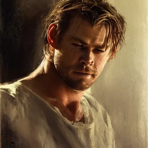 Prompt: portrait of an emotional chris hemsworth, by jeremy mann, anders zorn.