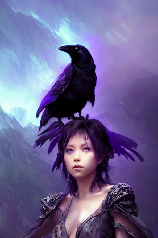 Image similar to portrait of a beautiful one raven perched on purple crystals that are glowing in a misty valley, establishing shot, extremly high detail, foto realistic, cinematic lighting, by yoshitaka amano, ruan jia, kentaro miura, artgerm, post processed, concept art, artstation, raphael lacoste, alex ross