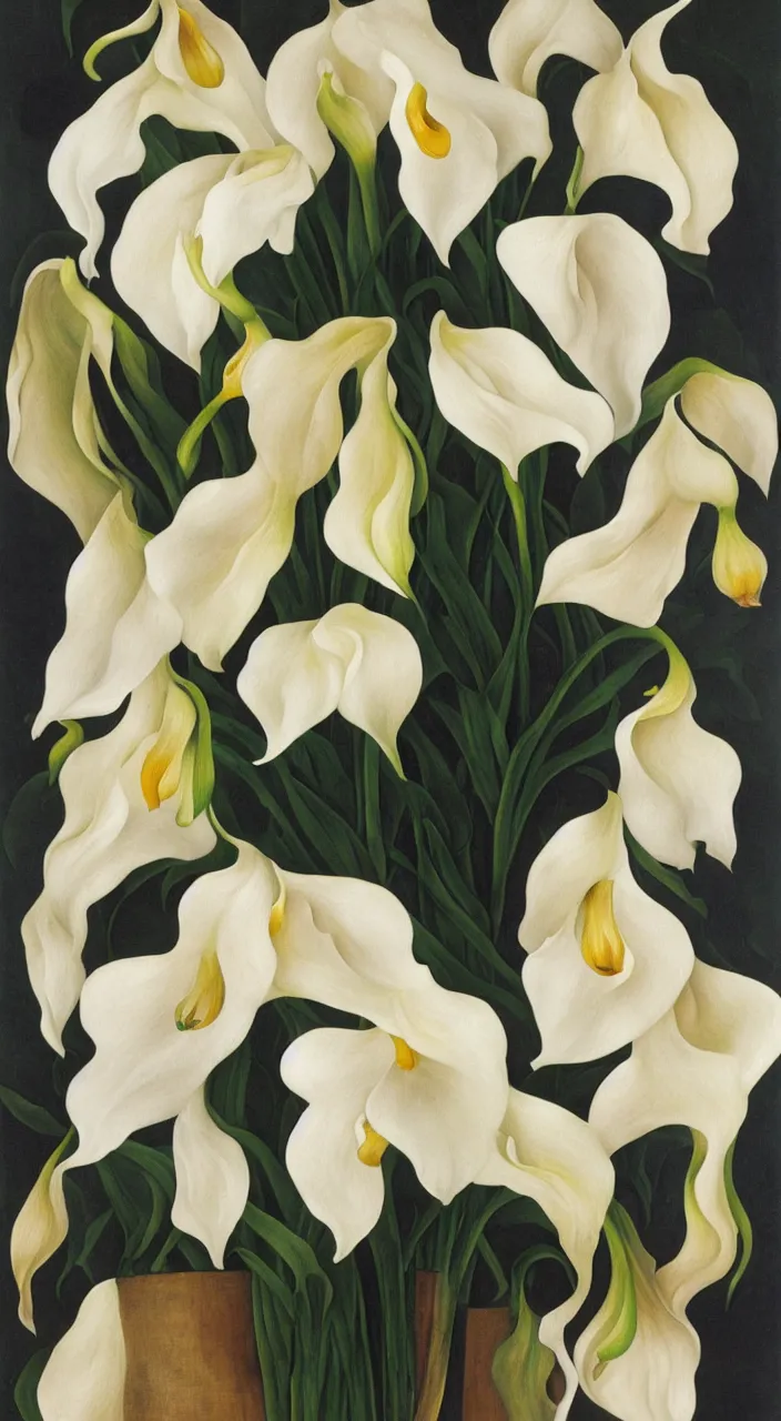 Image similar to portrait of a cream colored havanese dog with a bouquet of calla lillies, mexico, painting by diego rivera realism 1 9 3 5