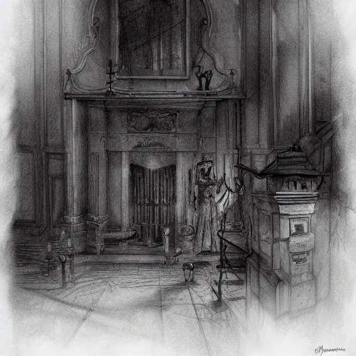 Image similar to close up of ghosts in a haunted house, pencil sketch, realistic shaded, fine details, realistic shaded lighting poster by greg rutkowski