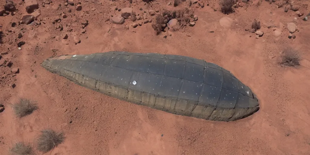 Prompt: giant spaceship 1 0 0 meters around and 1 million years old discovered after the rain washed away the sand and dirt, in a canyon in the utah desert