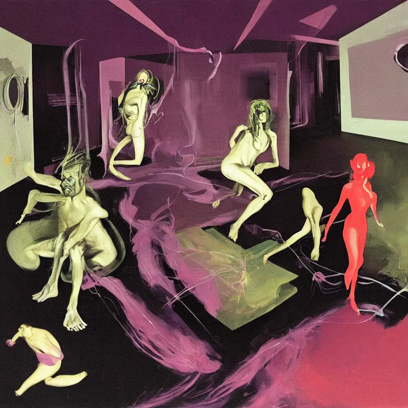 Image similar to Man and woman start to bounce in a living room of a house, floating dark energy surrounds the middle of the room. There is one living room plant to the side of the room, surrounded by a background of dark cyber mystic alchemical transmutation heavenless realm, cover artwork by francis bacon and Jenny seville, midnight hour, part by adrian ghenie, part by jeffrey smith, part by josan gonzales, part by norman rockwell, part by phil hale, part by kim dorland, artstation, highly detailed