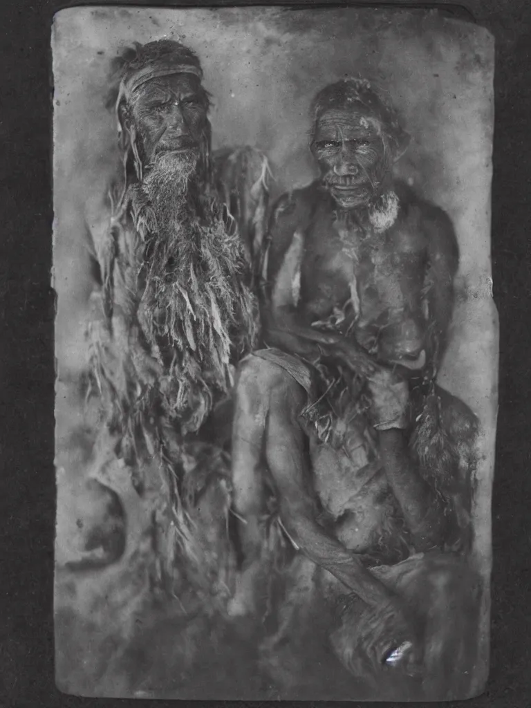 Prompt: a faded old black and white wet plate photo of an australain indigenous man,