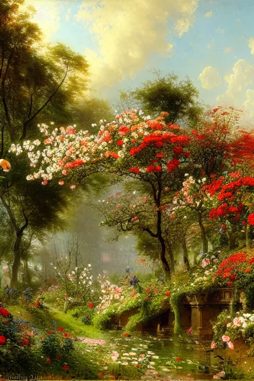 Image similar to detailed painting of a modern marble botanical sanctuary, flowers and plants blooming, trees, autumn, spring, winter, summer, filigree ornaments, andreas achenbach