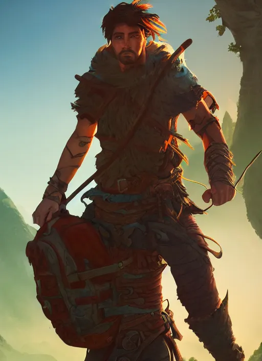 Image similar to an epic fantasy comic book style portrait painting of a male fantasy explorer in the wilds with a backpack and map, unreal 5, daz, hyperrealistic, octane render, cosplay, rpg portrait, dynamic lighting