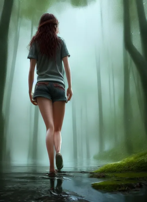 Image similar to young woman walking : : shorts wet shirt : : raining forest nature : : weta disney pixar movie still photo : : decadent highly - detailed digital painting, full length shot, golden ratio, octane render, artstation, smooth, sharp focus, artgerm, mucha, loish, wlop, gogo