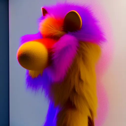 Image similar to : colorful abstract furry sculpture on the wall in modern architecture, cinematic lighting, hyper - realistic, detailed, render by c 4 d octane, unreal engine, 8 k 3 d render