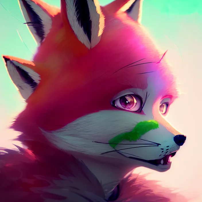 Image similar to a beautiful headshot portrait of a cute anime male fox boy with pink fur and green eyes. character design by cory loftis, fenghua zhong, ryohei hase, ismail inceoglu and ruan jia. artstation, volumetric light, detailed, photorealistic, fantasy, rendered in octane