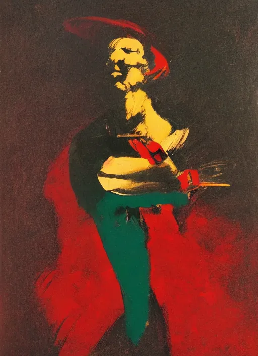 Image similar to portrait of noble fencer, coherent! by mariusz lewandowski, by frank frazetta, deep color, strong line, red green black teal, minimalism, high contrast