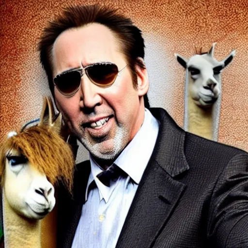 Image similar to nicholas cage is a llama, haha look at silly llama nicholas cage