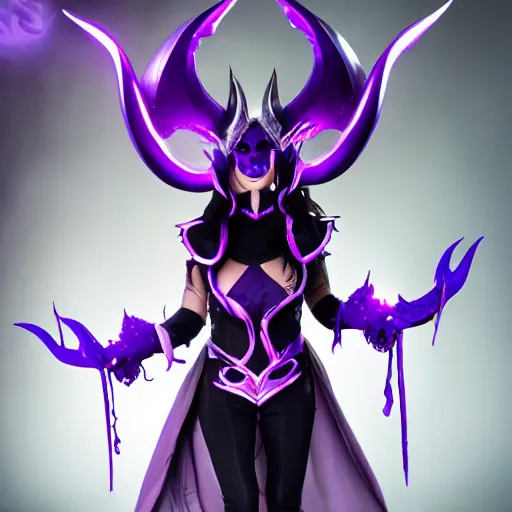 Prompt: Syndra from League of Legends. Horned helmet covering eyes. Purple and black magic outfit. Floating woman