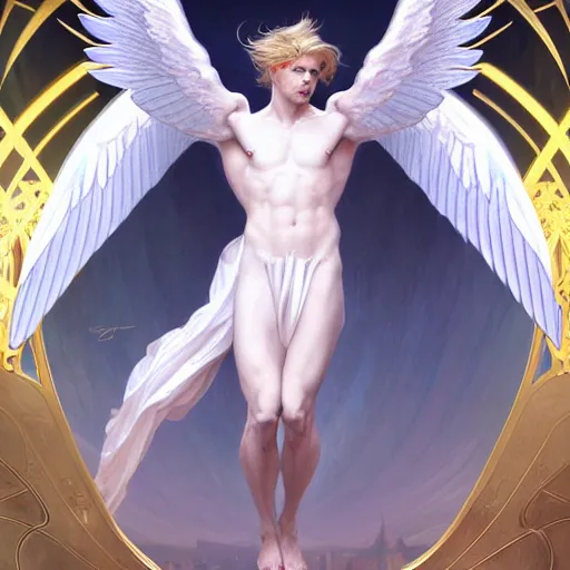 Prompt: the pale blond male angel of battle lucius wearing a white periwinkle, sci fi, glowing eyes, volumetric lights, gold theme, art nouveau botanicals, intricate, highly detailed, digital painting, artstation, concept art, smooth, sharp focus, cinematic, illustration, beautiful face, art by artgerm and greg rutkowski and alphonse mucha