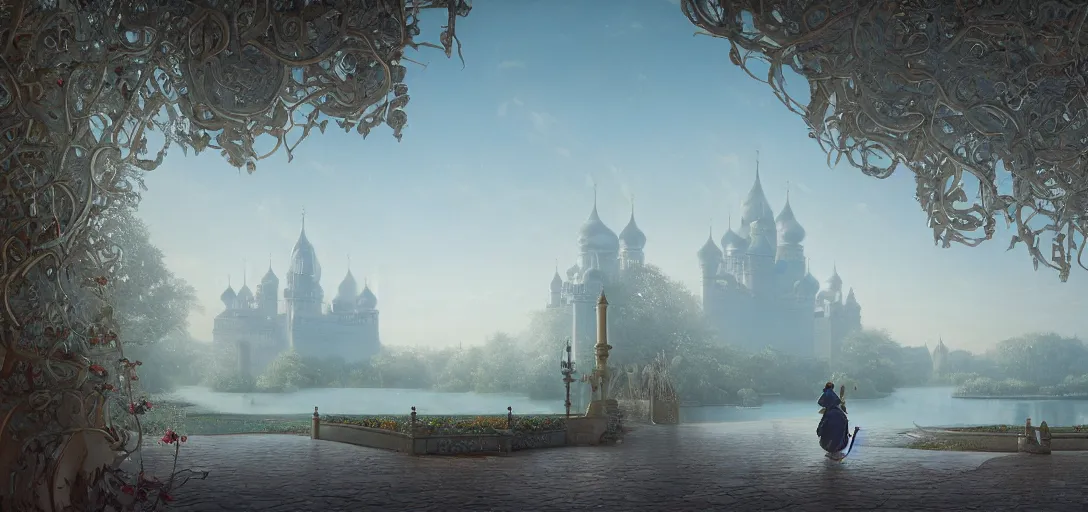 Image similar to vanishing point, palace like the kremlin in distance on a lake is covered with aqua blue roses, viewed from afar, stephen bliss, misty, unreal engine, fantasy art by greg rutkowski, loish, ferdinand knab, and lois van rossdraws,, global illumination, radiant light, minimalist, detailed and intricate environment