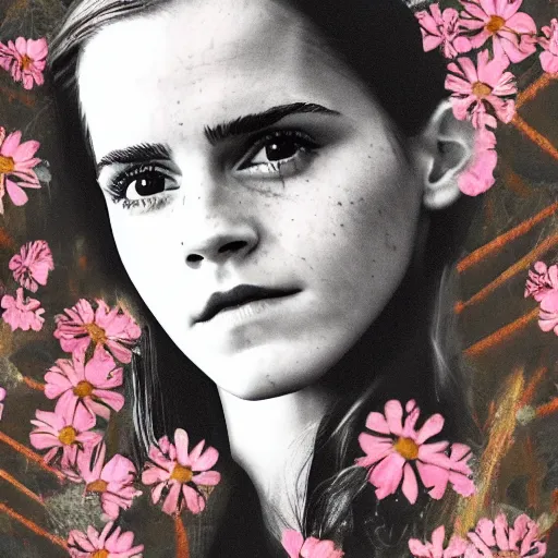 Image similar to emma watson mason plank flower vanish cloud shoulder mountain evening leaf overplayed portrait cliche basement, collage artwork