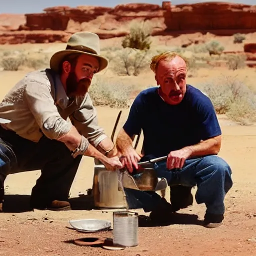 Image similar to walt and jessie cooking meth in the desert,