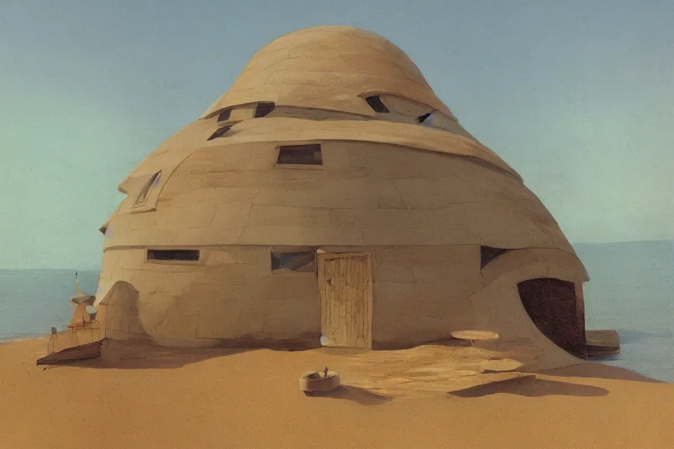 Image similar to giant seashell shaped house where a lone fisherman lives, in the style of john harris and moebius
