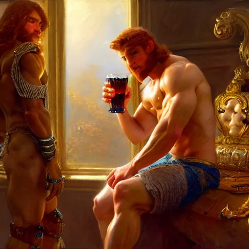 Image similar to attractive muscular mike with ginger hair with attractive tyler with brunet hair, drinking their hearts out, in their noble mansion. very defined to the maximum and highly detailed painting by gaston bussiere, craig mullins 8 k