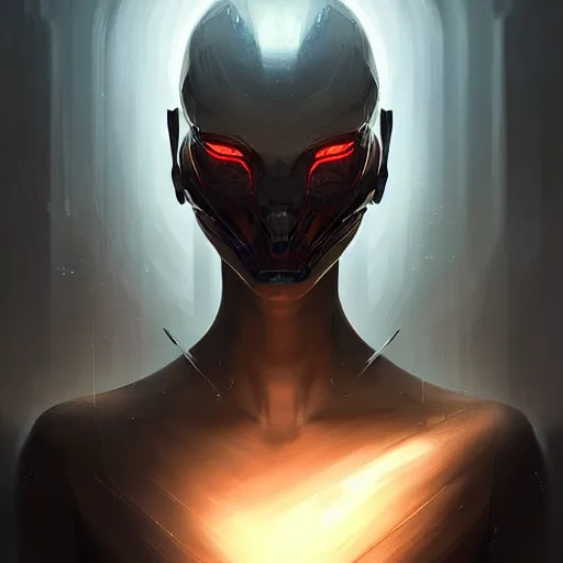 Prompt: professional concept art portrait of a predatory robotic species in a dark room by artgerm and greg rutkowski. an intricate, elegant, highly detailed digital painting, concept art, smooth, sharp focus, illustration, in the style of cam sykes.