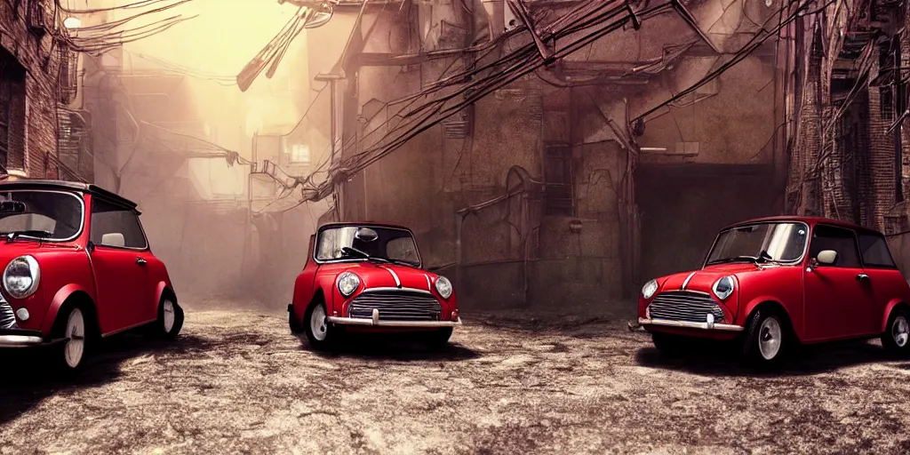 Prompt: a wholesome animation key shot of a focused old Red Mini Cooper car parked in an abandoned alleyway, medium shot, waist up, studio Ghibli, Pixar and Disney animation, sharp, very detailed, high resolution, Rendered in Unreal Engine 5, anime key art by Greg Rutkowski, Bloom, dramatic lighting