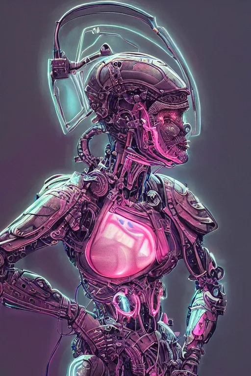 Image similar to portrait of a girl with a biomechanic armor and neon light by Ian Miller, dramatic lighting, highly detailed, trending on artstation