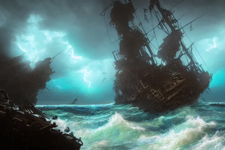 Image similar to a wrecked pirate ship on the reef, hostile rocks, storm, lightnings, dark atmosphere, by John Howe, 4K, unreal engine 5, teal and dark blue color scheme, darker