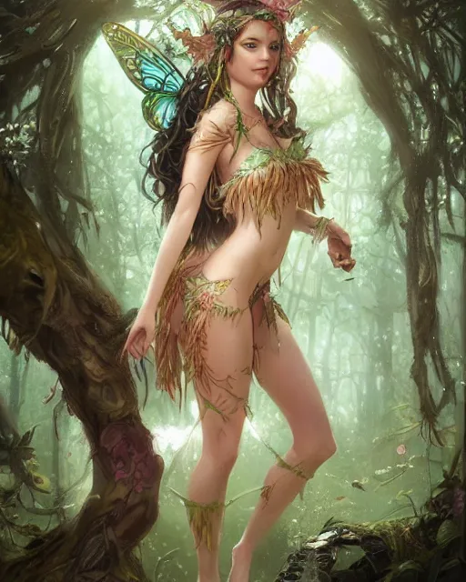 Prompt: A beautiful maid wearing a fairy bikini posing in a magical forest, bikini, very detailed beautiful face, fantasy art, in the style of greg rutkowski, illustration, epic, fantasy, intricate, hyper detailed, artstation, concept art, smooth, sharp focus