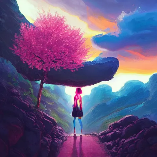 Image similar to giant cherry blossom flower as a head, girl walking in a canyon, surreal photography, sunrise, dramatic light, impressionist painting, colorful clouds, digital painting, artstation, simon stalenhag