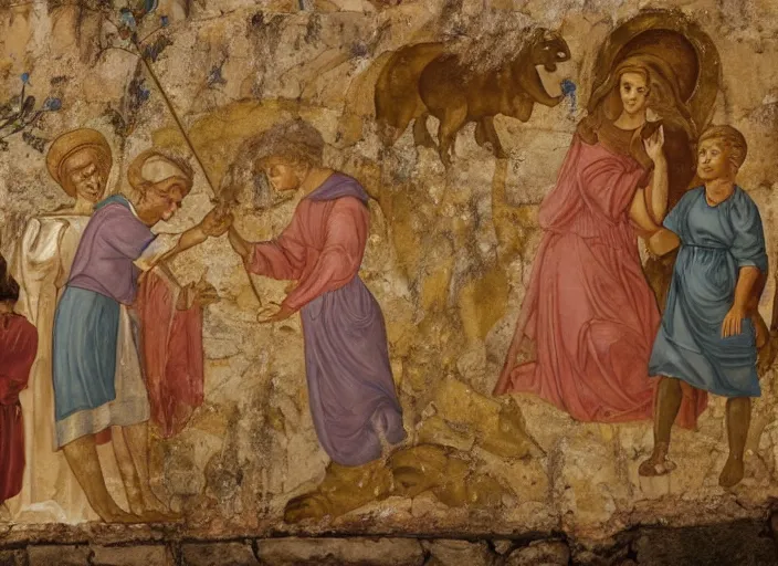 Prompt: Belle Delphine being christened in the river Jordan, fresco on a church wall