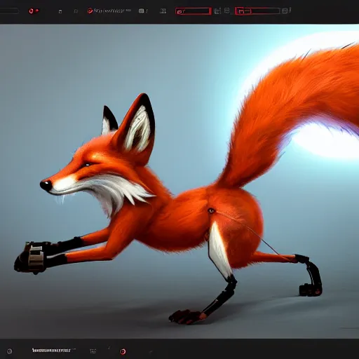 Image similar to mechanical fox with robo tech, apocalyptic elements, art render, character concept, smooth, sharp detail, pixar style