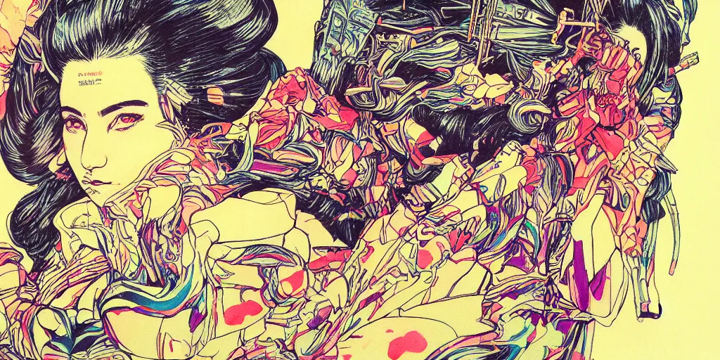 Prompt: a close - up grainy, risograph painting, hyper light drigter, neon colors, a big porcelain glossy geisha head, with long hair, floating above the sharp peaks weapons, style by moebius and kim jung gi