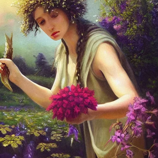 Prompt: a beautiful oil painting of Circe the witch picking up flowers, detailled, HD, realistic