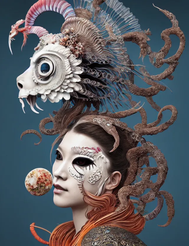 Image similar to 3 d goddess half - turn portrait with ram skull. beautiful intricately detailed japanese crow kitsune mask and clasical japanese kimono. betta fish, jellyfish phoenix, bio luminescent, plasma, ice, water, wind, creature, artwork by tooth wu and wlop and beeple and greg rutkowski