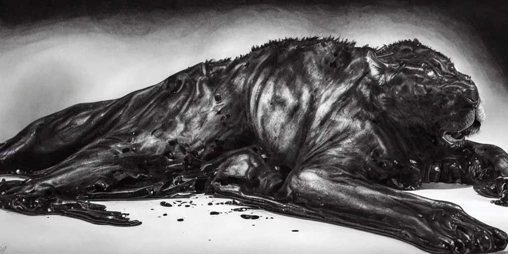 Prompt: a black lioness, made of ferrofluid, viscous, sticky, full of ferrofluid, laying on the white couch, covered with black goo. photography, dslr, realism, animal drawing, color, rim - light, wrinkles, reflections, wildlife photography, ferrofluid