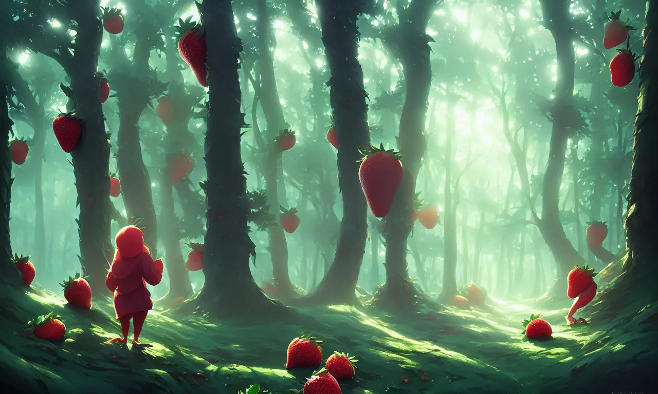 Image similar to Dark forest large strawberries, behance hd by Jesper Ejsing, by RHADS, Makoto Shinkai and Lois van baarle, ilya kuvshinov, rossdraws global illumination